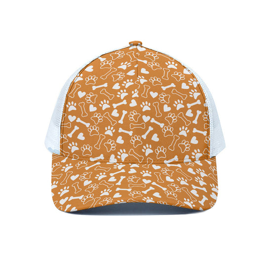 Orange Paw And Bone Pattern Print White Mesh Trucker Cap