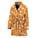 Orange Paw And Bone Pattern Print Women's Bathrobe