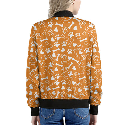 Orange Paw And Bone Pattern Print Women's Bomber Jacket