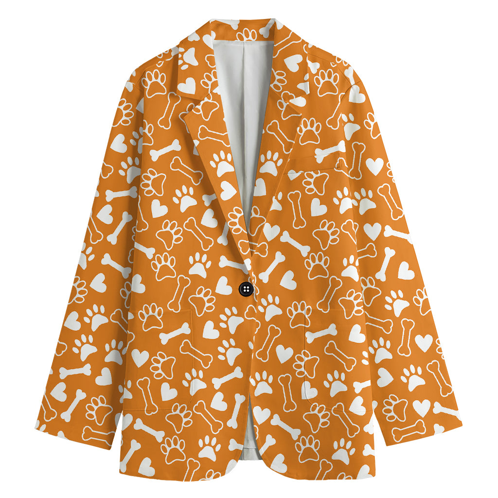 Orange Paw And Bone Pattern Print Women's Cotton Blazer