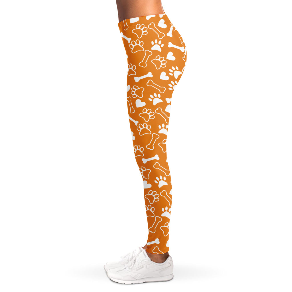 Orange Paw And Bone Pattern Print Women's Leggings