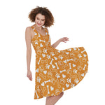 Orange Paw And Bone Pattern Print Women's Sleeveless Dress