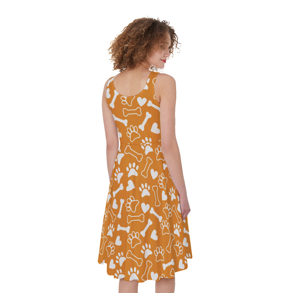 Orange Paw And Bone Pattern Print Women's Sleeveless Dress