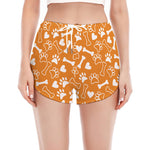 Orange Paw And Bone Pattern Print Women's Split Running Shorts