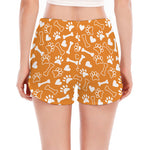Orange Paw And Bone Pattern Print Women's Split Running Shorts