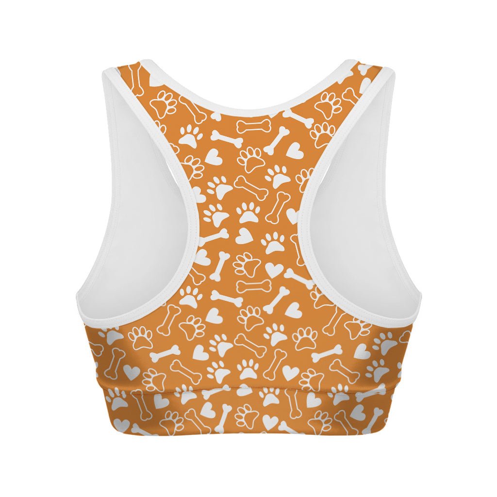 Orange Paw And Bone Pattern Print Women's Sports Bra