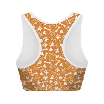 Orange Paw And Bone Pattern Print Women's Sports Bra