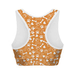 Orange Paw And Bone Pattern Print Women's Sports Bra
