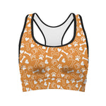 Orange Paw And Bone Pattern Print Women's Sports Bra
