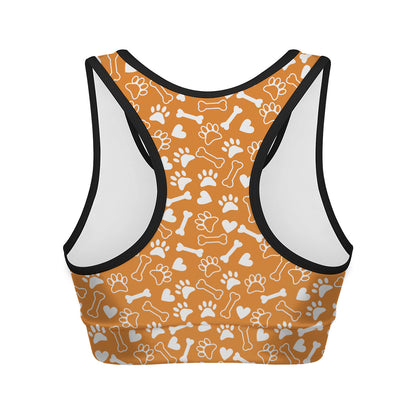 Orange Paw And Bone Pattern Print Women's Sports Bra
