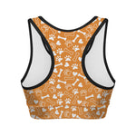 Orange Paw And Bone Pattern Print Women's Sports Bra
