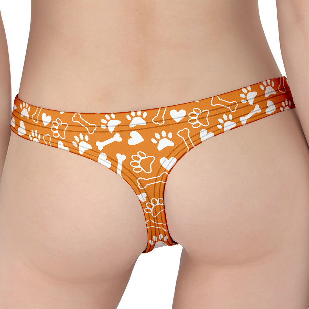 Orange Paw And Bone Pattern Print Women's Thong