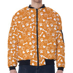 Orange Paw And Bone Pattern Print Zip Sleeve Bomber Jacket
