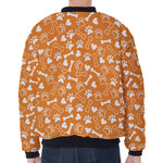 Orange Paw And Bone Pattern Print Zip Sleeve Bomber Jacket