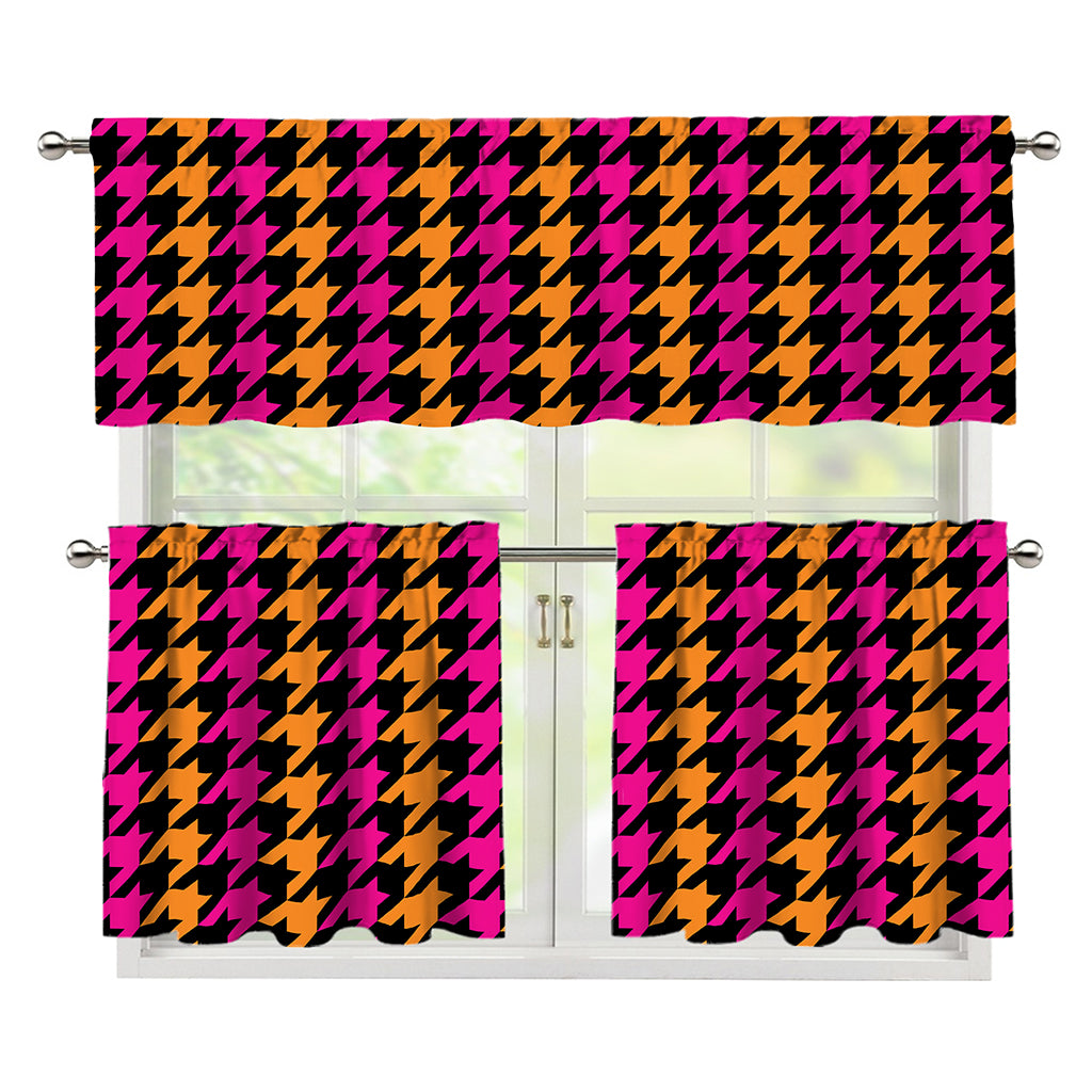 Orange Pink And Black Houndstooth Print 3 Piece Kitchen Curtains