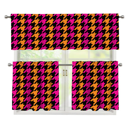 Orange Pink And Black Houndstooth Print 3 Piece Kitchen Curtains