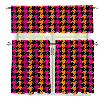 Orange Pink And Black Houndstooth Print 3 Piece Kitchen Curtains