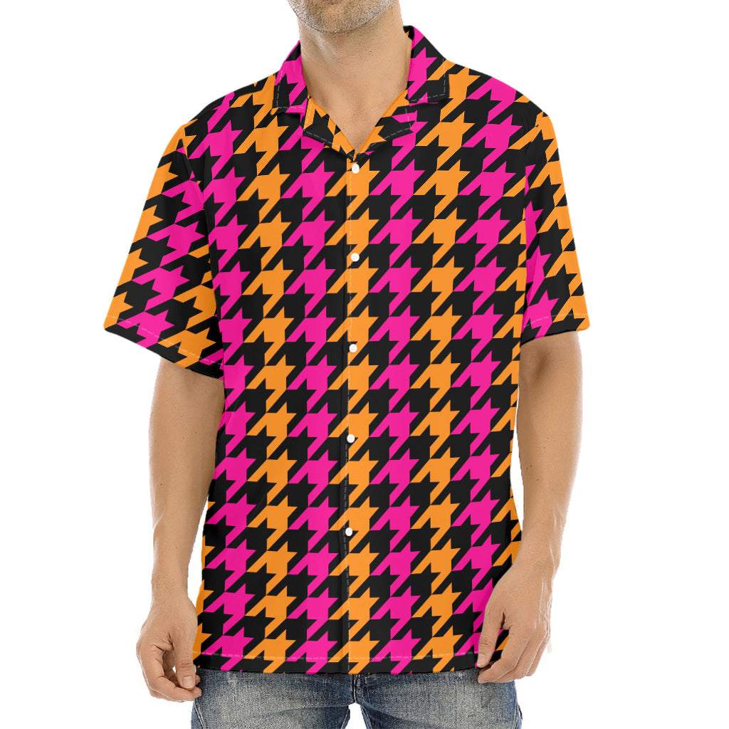 Orange Pink And Black Houndstooth Print Aloha Shirt