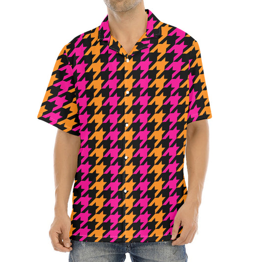 Orange Pink And Black Houndstooth Print Aloha Shirt