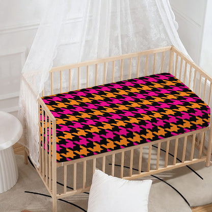 Orange Pink And Black Houndstooth Print Baby Crib Sheet