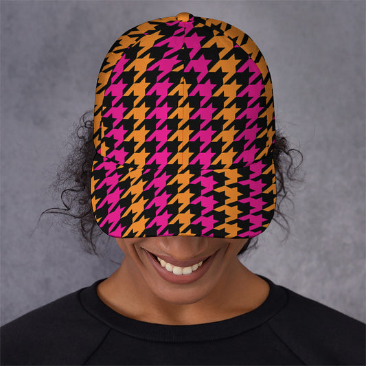 Orange Pink And Black Houndstooth Print Baseball Cap