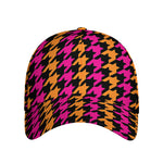 Orange Pink And Black Houndstooth Print Baseball Cap