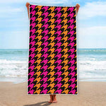 Orange Pink And Black Houndstooth Print Beach Towel