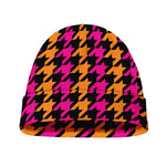 Orange Pink And Black Houndstooth Print Beanie