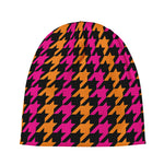 Orange Pink And Black Houndstooth Print Beanie
