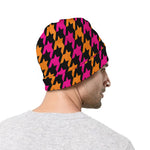 Orange Pink And Black Houndstooth Print Beanie