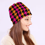 Orange Pink And Black Houndstooth Print Beanie