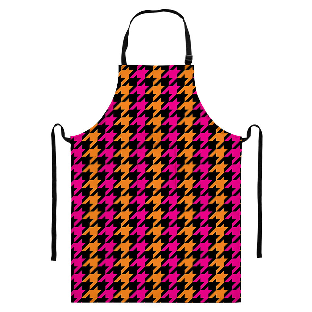Orange Pink And Black Houndstooth Print Bib Apron With Pocket