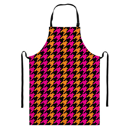 Orange Pink And Black Houndstooth Print Bib Apron With Pocket