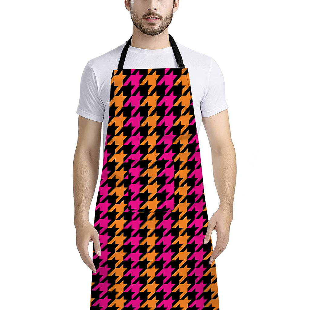 Orange Pink And Black Houndstooth Print Bib Apron With Pocket