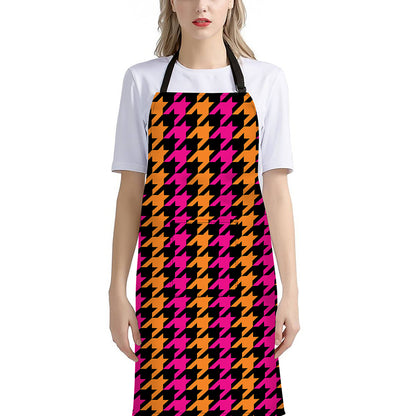 Orange Pink And Black Houndstooth Print Bib Apron With Pocket