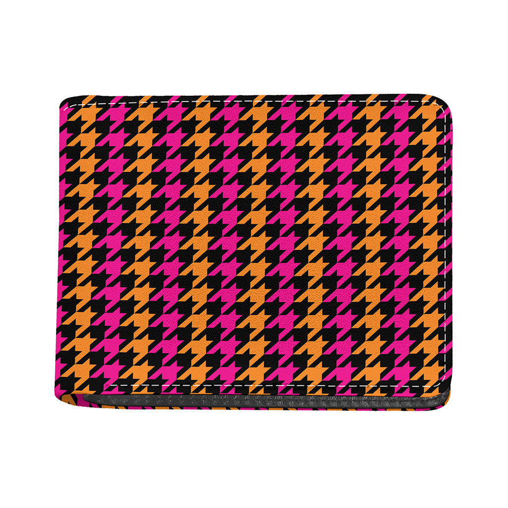 Orange Pink And Black Houndstooth Print Bifold Wallet