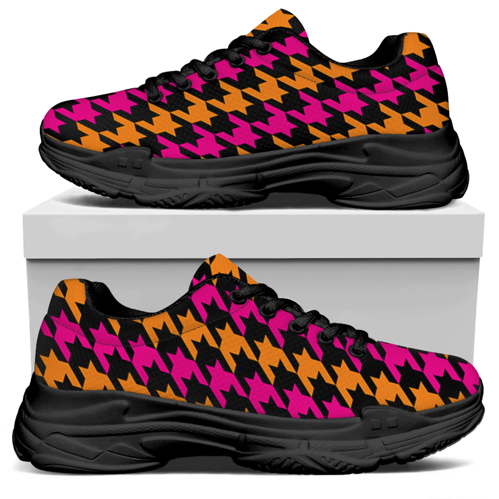 Orange Pink And Black Houndstooth Print Black Chunky Shoes