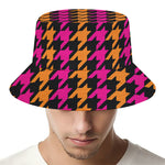 Orange Pink And Black Houndstooth Print Bucket Hat