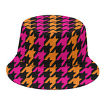 Orange Pink And Black Houndstooth Print Bucket Hat