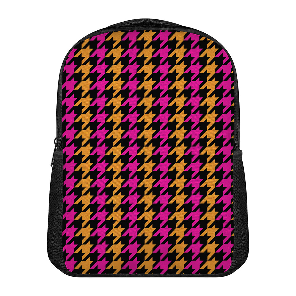 Orange Pink And Black Houndstooth Print Casual Backpack