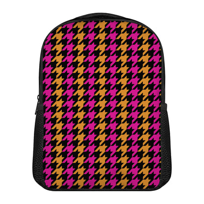 Orange Pink And Black Houndstooth Print Casual Backpack