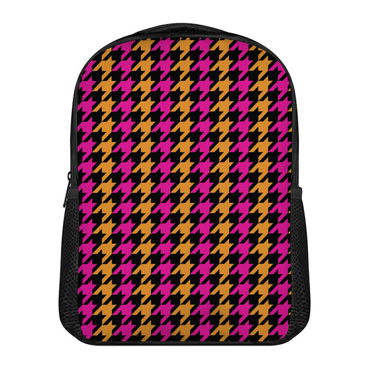Orange Pink And Black Houndstooth Print Casual Backpack