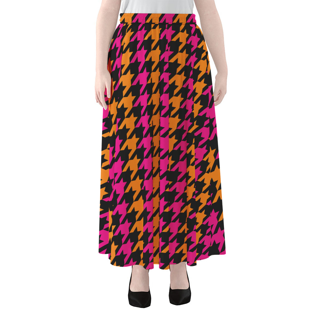 Orange Pink And Black Houndstooth Print Chiffon Maxi Skirt