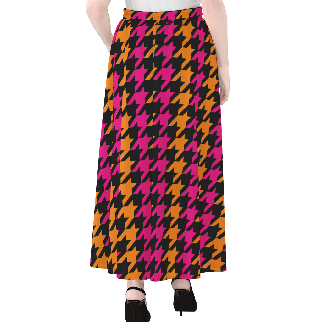 Orange Pink And Black Houndstooth Print Chiffon Maxi Skirt