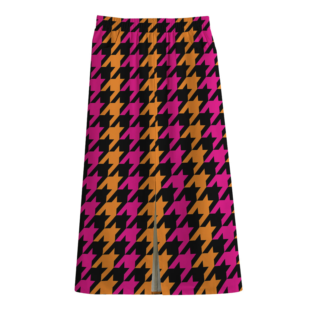 Orange Pink And Black Houndstooth Print Cotton Front Slit Maxi Skirt