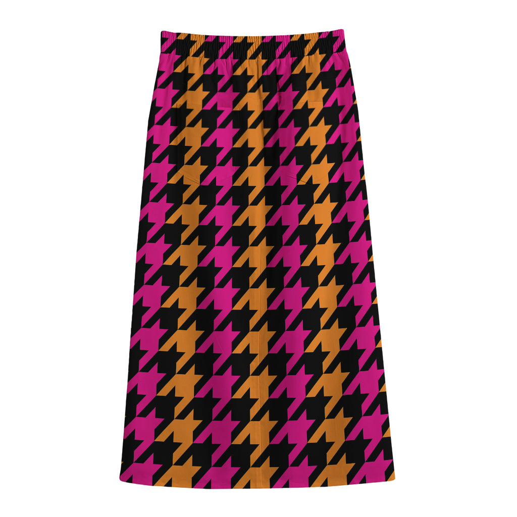 Orange Pink And Black Houndstooth Print Cotton Front Slit Maxi Skirt