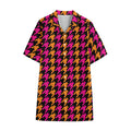 Orange Pink And Black Houndstooth Print Cotton Hawaiian Shirt