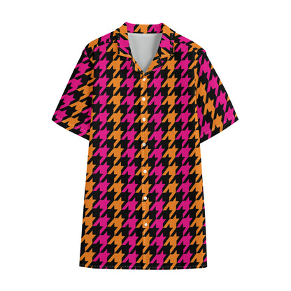Orange Pink And Black Houndstooth Print Cotton Hawaiian Shirt