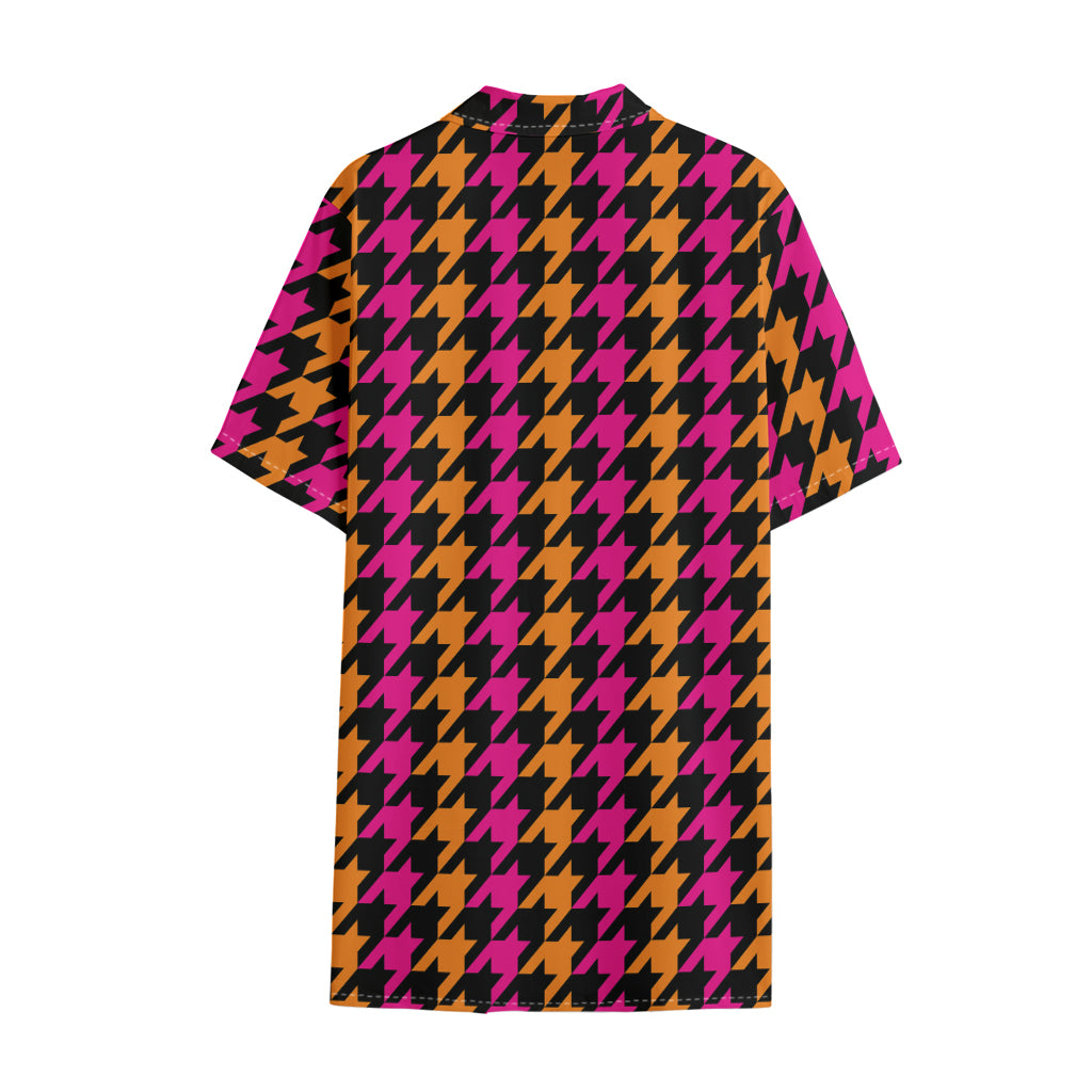 Orange Pink And Black Houndstooth Print Cotton Hawaiian Shirt