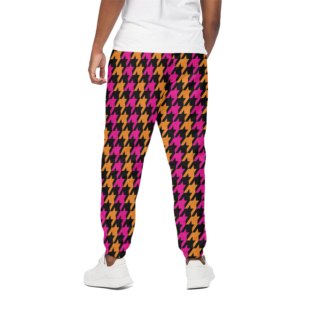 Orange Pink And Black Houndstooth Print Cotton Pants